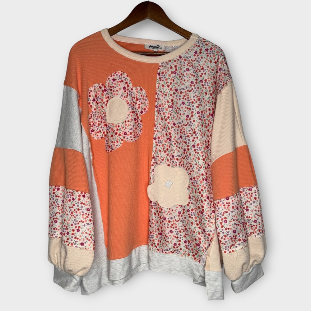 Haptics Flower Patch Knit Colorblock Top Shirt Orange Floral Boutique Boho Sz 1X